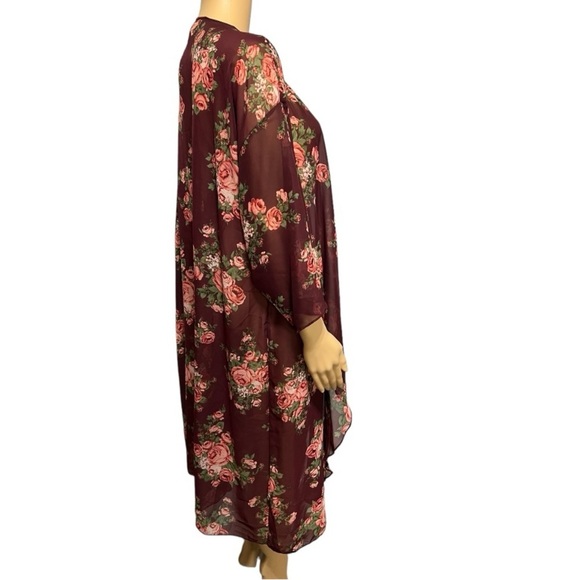 LulaRoe Sheer Burgundy Floral Kimono Duster Size L - Picture 2 of 6